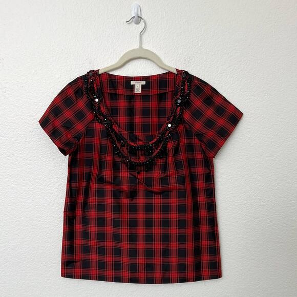 [J. Crew] Red Black Buffalo Plaid Eliza Jeweled Necklace Tartan Top Silk Size 6 - Picture 2 of 11